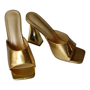 Metallic Gold Open-toed Mules w/Distinctive Architectural Heels. US 10.5, EU 41